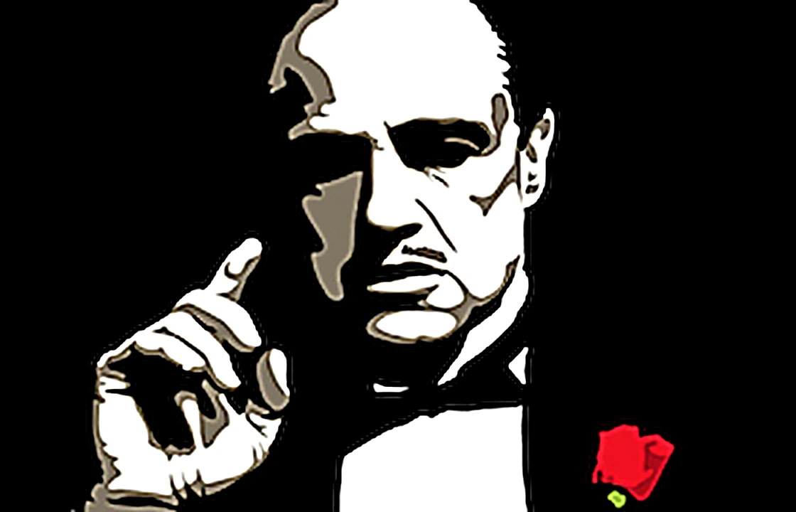 Illustration of a man in a tuxedo raising one finger, a red rose on his lapel
